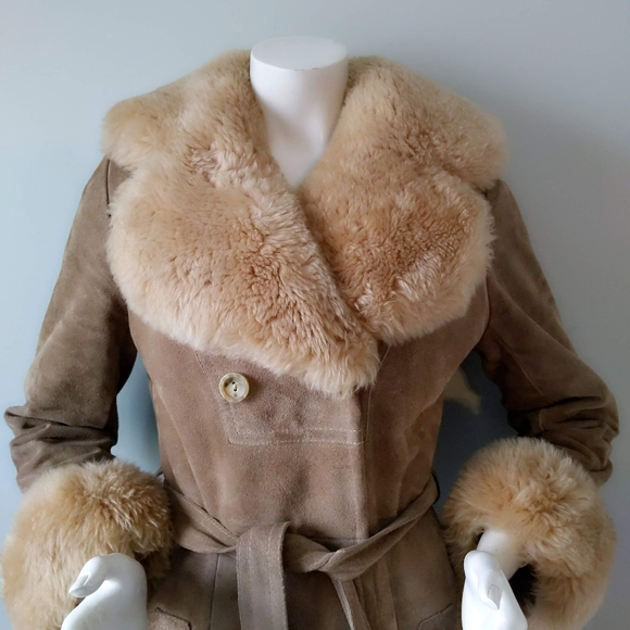 Vtg 70s Almost Famous Shearling Collar Cuffs Suede Maxi Wrap Trench Coat XS S - Picture 2 of 7